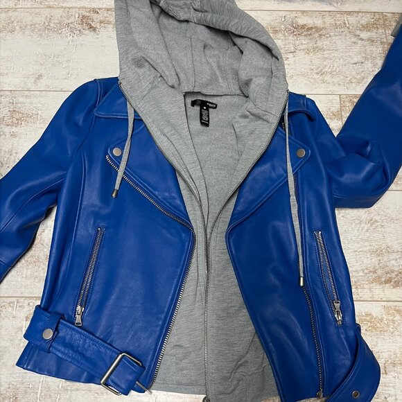 Bloomingdales Aqua Royal Blue Layered Leather Jacket with Removable Grey Hoodie - Picture 4 of 4